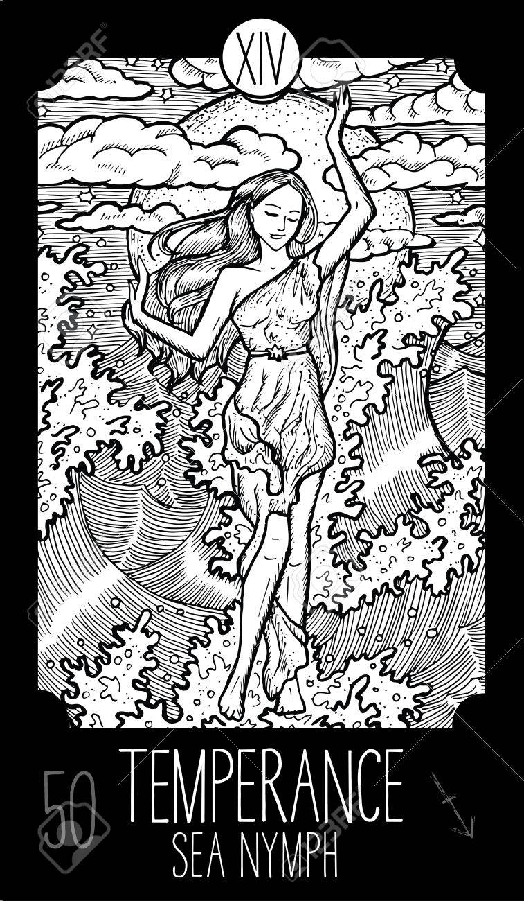 禁酒 14 大アルカナのタロット カード海のニンフ ファンタジーには ライン アート イラストが刻まれています 刻まれたベクトル描画します 私のポートフォリオのセットですべてのコレクションを見る のイラスト素材 ベクタ Image