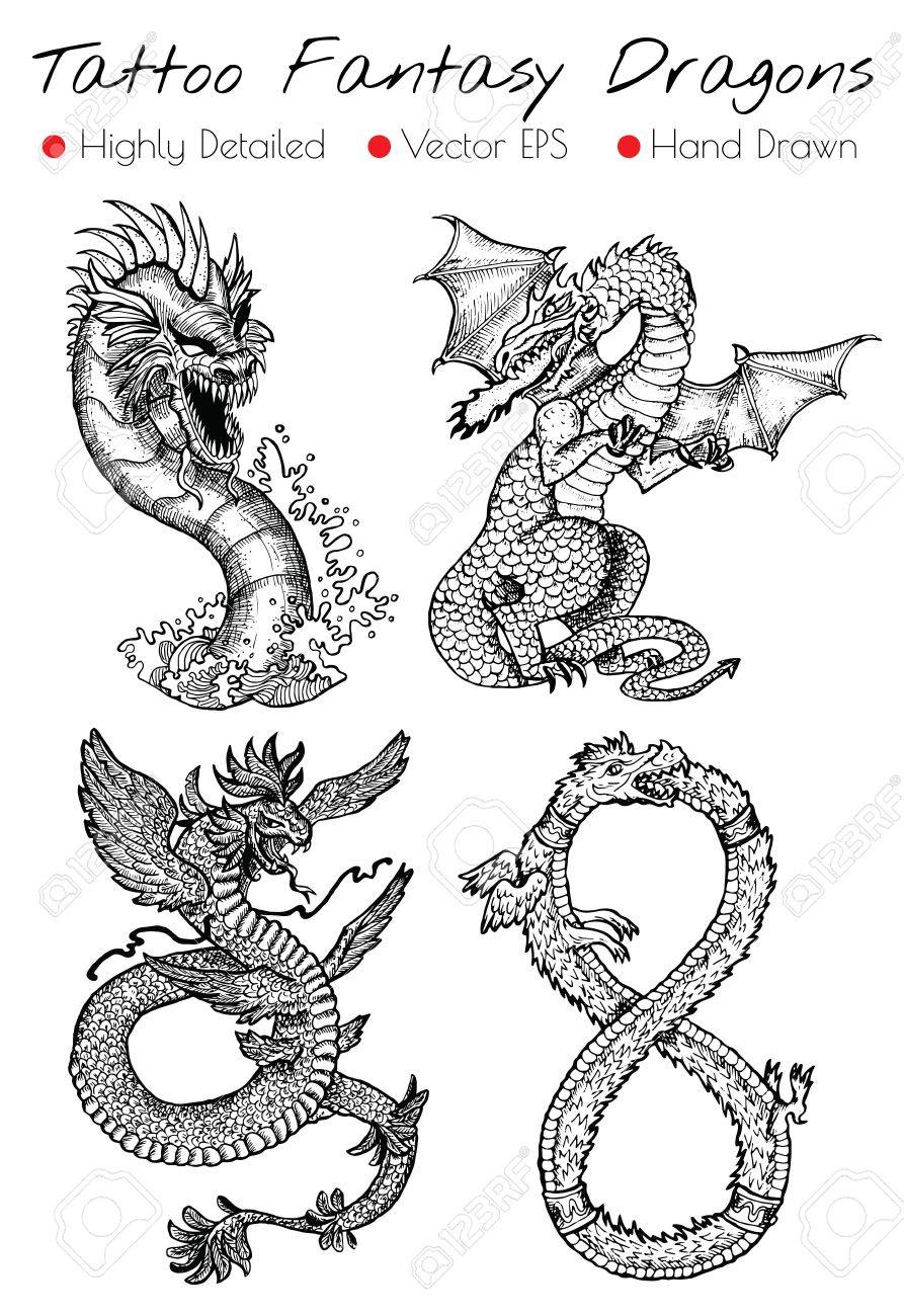 手入りタトゥーには ファンタジー龍が描かれています 刻まれたベクトル図では 黒と白の図面を落書きのイラスト素材 ベクタ Image 手入りタトゥーには ファンタジー龍が描かれています 刻まれたベクトル図では 黒と白の図面を落書きのイラスト素材 ベクタ Image
