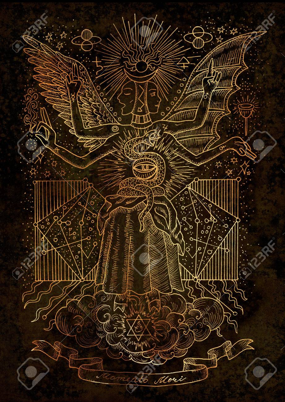 精神的なシンボル 知恵とテクスチャ背景の星座の女神の神秘的なイラスト 神秘的な秘密の図面 ラテン語テキスト Momento 森意味死ななければならないことを忘れないでほしい の写真素材 画像素材 Image