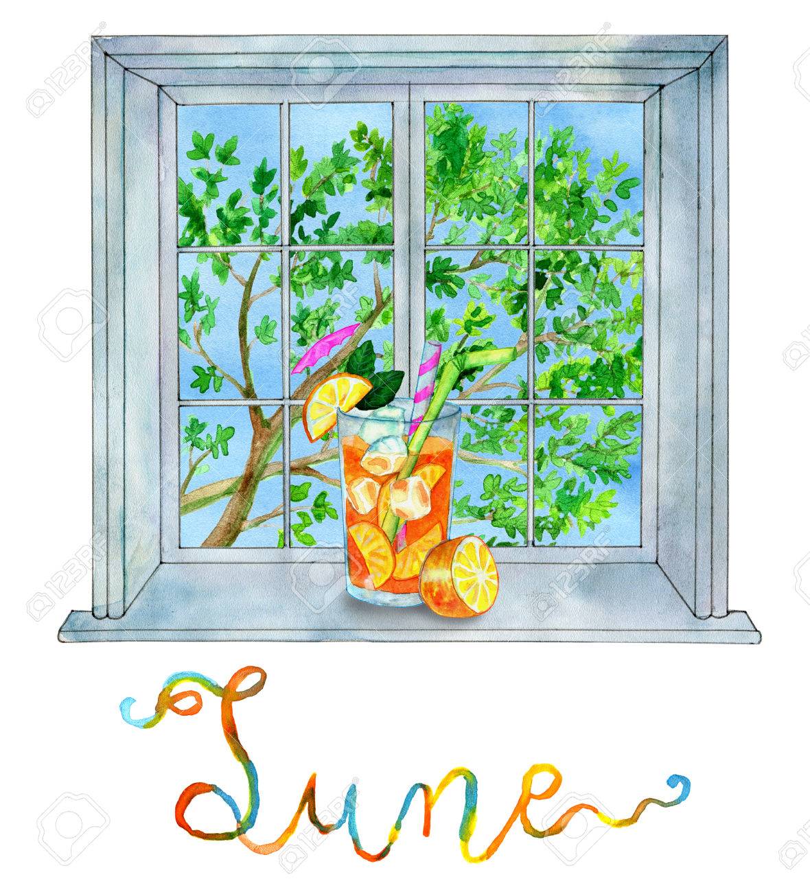 6 月 トロピカル カクテルの残りの部分または休暇のテーマとして 孤立したデザイン要素と水彩イラスト 12 ヶ月のシンボルと手書きのレタリング カレンダー ページ夏のコンセプト の写真素材 画像素材 Image