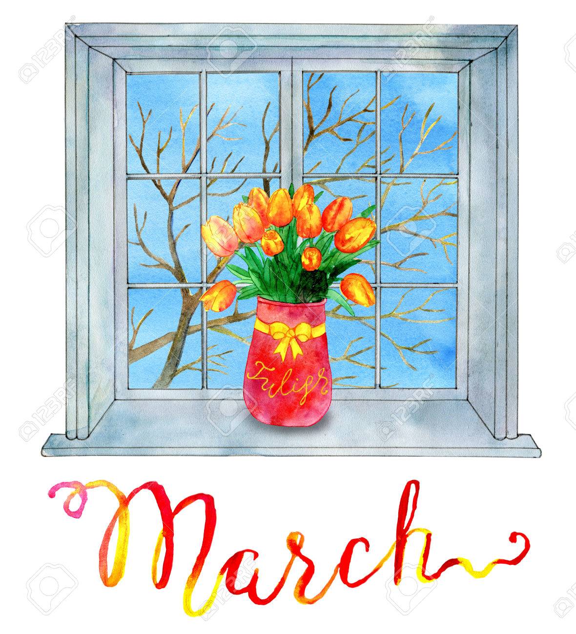 Le Mois De Mars Bouquet De Tulipes Dans Le Contexte De La Fenetre Avec Arbre De Printemps Illustration Aquarelle Avec Des Elements De Conception Isolee Concept De Page De Calendrier Avec Douze Le Mois De Mars Bouquet De Tulipes Dans Le Contexte De La Fenetre Avec Arbre De Printemps Illustration Aquarelle Avec Des Elements De Conception Isolee Concept De Page De Calendrier Avec Douze