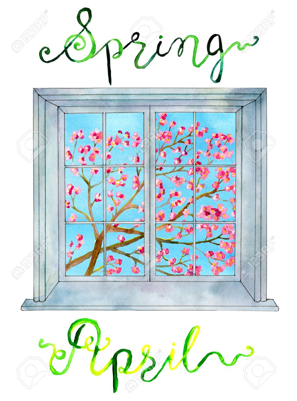 4 月の概念 桜の木の枝のウィンドウと春水彩イラスト 月とカレンダーのための季節のレタリング デザイン ページ の写真素材 画像素材 Image