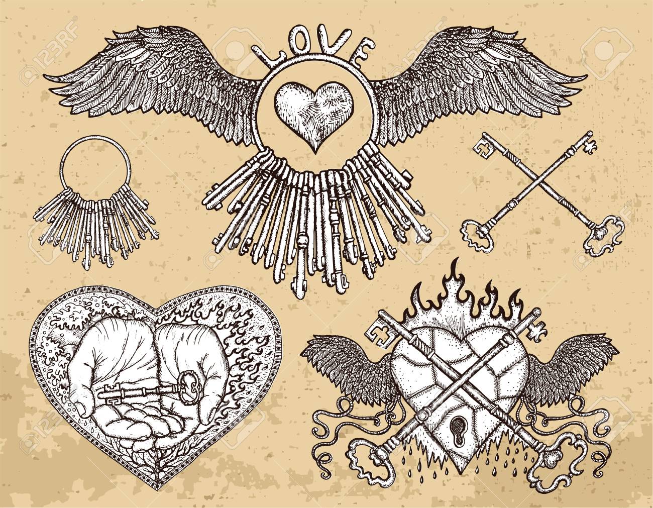 ハート 手の鍵 古いキー テクスチャ上の愛のシンボルと手描きのコレクション アンティーク の装飾 カードのためのグラフィックデザインコレクション バレンタイン の日のコンセプトで手描きヴィンテージイラストのイラスト素材 ベクタ Image