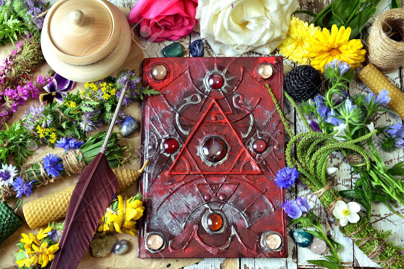 Decorated Magic Book Quill Summer Herbs And Flowers On Witch Stock Photo Picture And Royalty Free Image Image 129312169 123rf com