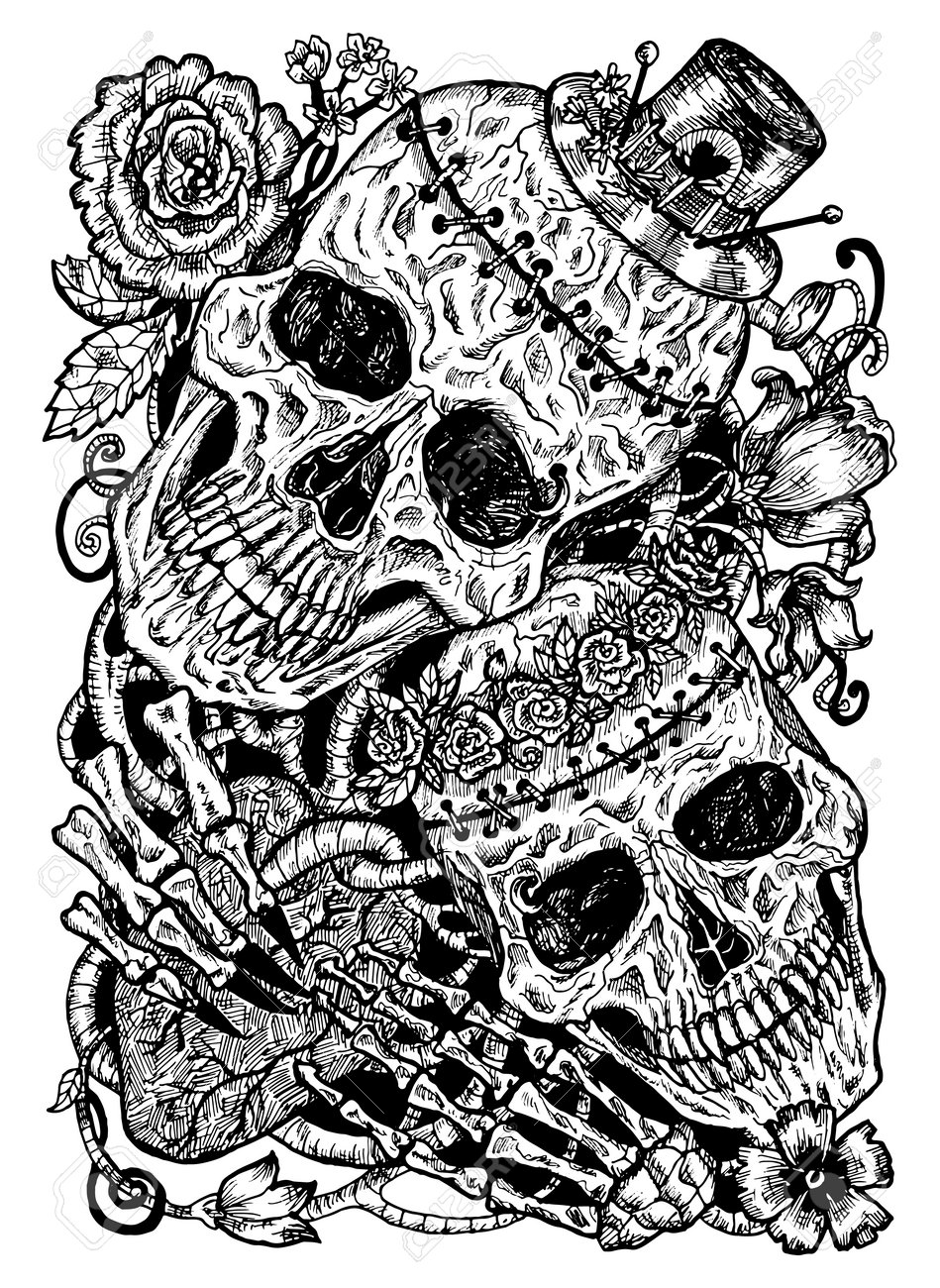 Ilustração em preto e branco com dois crânios de amantes segurando o coração, decorado com flores. fundo místico para halloween, conceito esotérico, gótico, heavy metal ou oculto. dia do esboço morto - 166076597 Ilustração em preto e branco com dois crânios de amantes segurando o coração, decorado com flores. fundo místico para halloween, conceito esotérico, gótico, heavy metal ou oculto. dia do esboço morto - 166076597