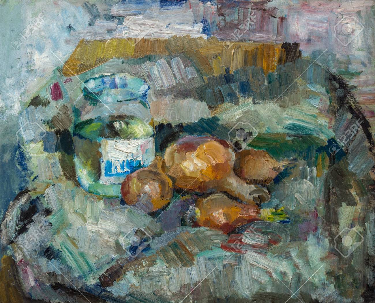 静物画 油彩画 ボトルとポット