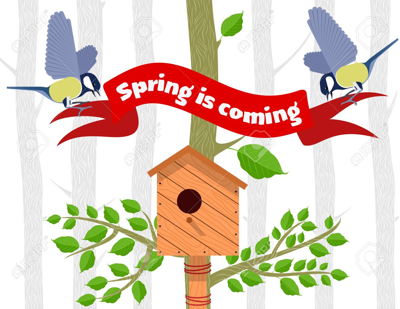 木製の巣箱と春ベクトル カード 木 新芽 雪解け 鳥 Web グラフィック バナー 広告 パンフレット ビジネス テンプレート 白い背景に分離のイラスト素材 ベクタ Image 木製の巣箱と春ベクトル カード 木 新芽 雪解け 鳥 Web グラフィック バナー 広告 パンフレット ビジネス テンプレート 白い背景に分離のイラスト素材 ベクタ Image