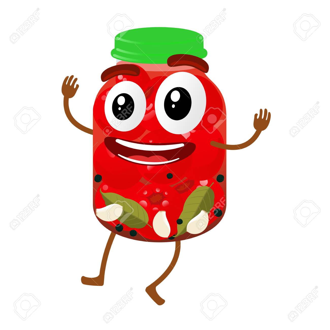 トマトのマリネを面白いガラス瓶キャラ漫画ベクトル イラスト白背景に分離します 顔 腕と脚を笑顔でひと瓶 ホーム缶詰 マリネ コショウ 月桂樹の葉 の写真素材 画像素材 Image