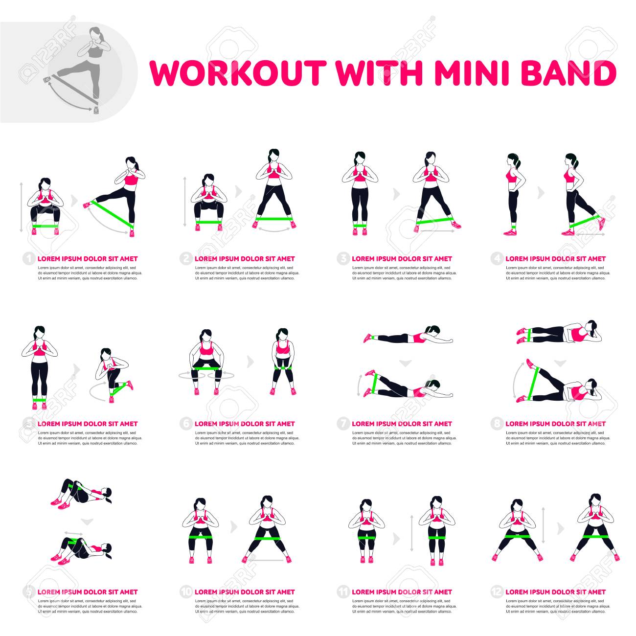 Workout with mini band. Fitness, Aerobic and workout exercise in gym. Vector set of gym icons in flat style isolated on white background. People in gym. Gym equipment. - 88965457 Workout with mini band. Fitness, Aerobic and workout exercise in gym. Vector set of gym icons in flat style isolated on white background. People in gym. Gym equipment. - 88965457