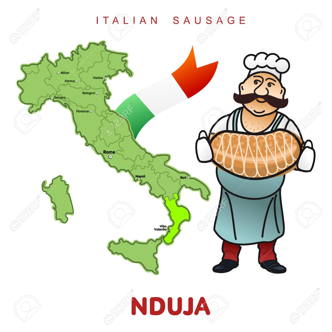 chef with italian sausage and italian map vector ilration delicatessen pig meat raw and