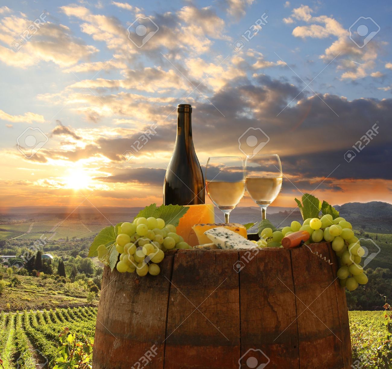 White Wine With Barrel On Vineyard In Chianti Tuscany Italy White Wine With Barrel On Vineyard In Chianti Tuscany Italy