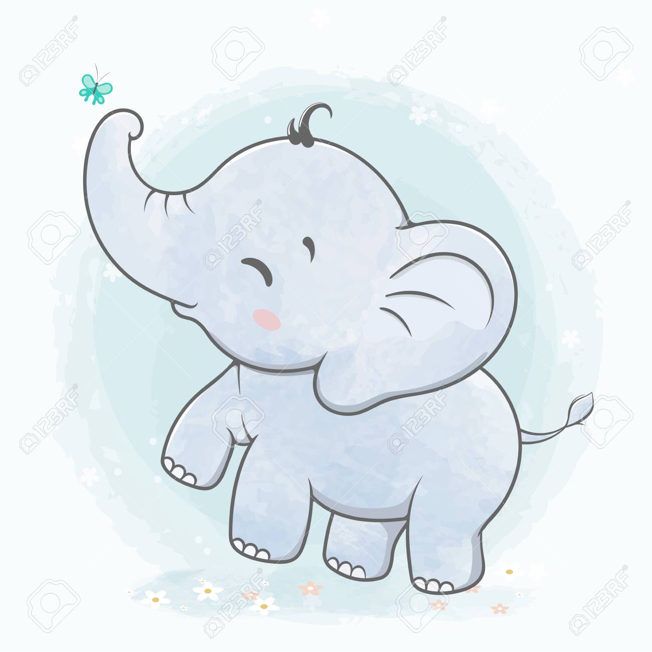 Cute Baby Elephant Play With Butterfly Water Color Cartoon Hand ...