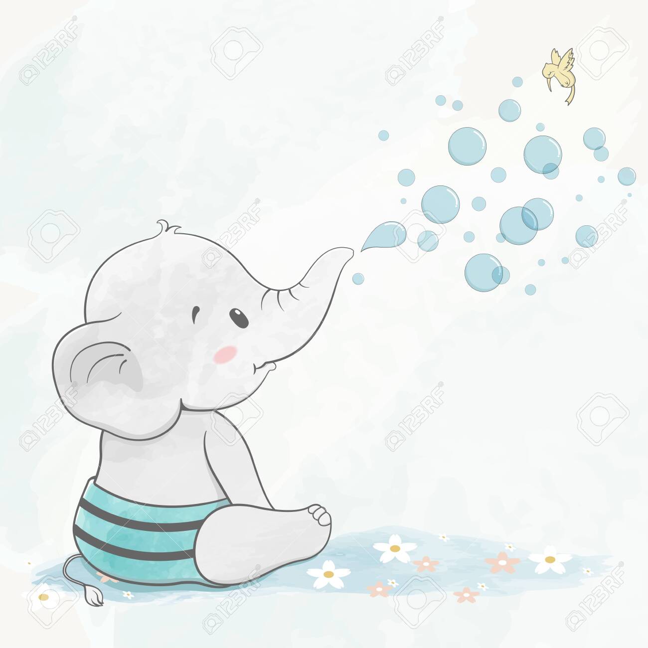 Cute Baby Elephant With Air Bubbles Water Color Cartoon Hand Drawn ...