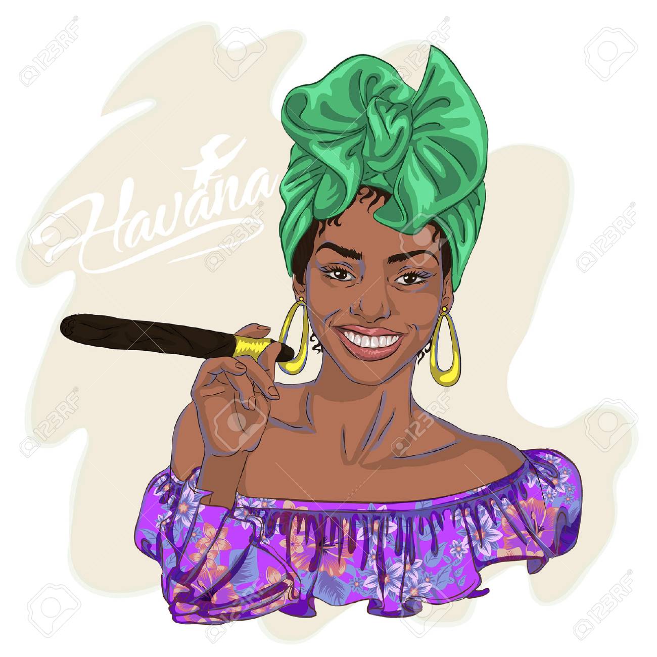 葉巻を保持している美しい若いキューバ女性 のイラスト素材 ベクタ Image