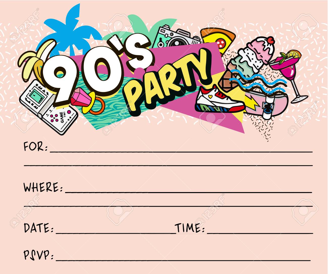 Retro 80s 90s Party Invitations - Hip Hop Party. 90s And 80s Poster. Retro Style Textures And Alphabet Mix. Aesthetic Fashion Background And Eighties Graphic. Pop And Rock Music Party Event Template. retro-80s-90s-party-invitations-hip-hop-party-90s-and-80s-poster-retro-style-textures-and-alphabet-mix-aesthetic-fashion-background-and-eighties-graphic-pop-and-rock-music-party-event-template