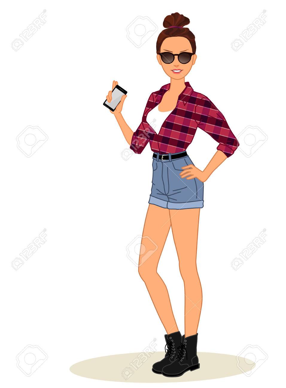 Vector illustration of a character. A young girl in fashionable clothes hipster shows mobile phone - 38725348 Vector illustration of a character. A young girl in fashionable clothes hipster shows mobile phone - 38725348