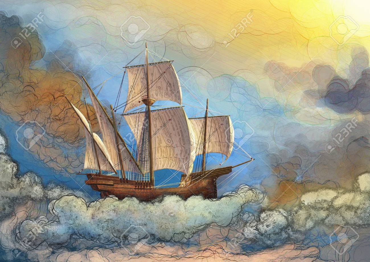 Ship Across The Sky Original Illlustration Fantasy Stock Photo