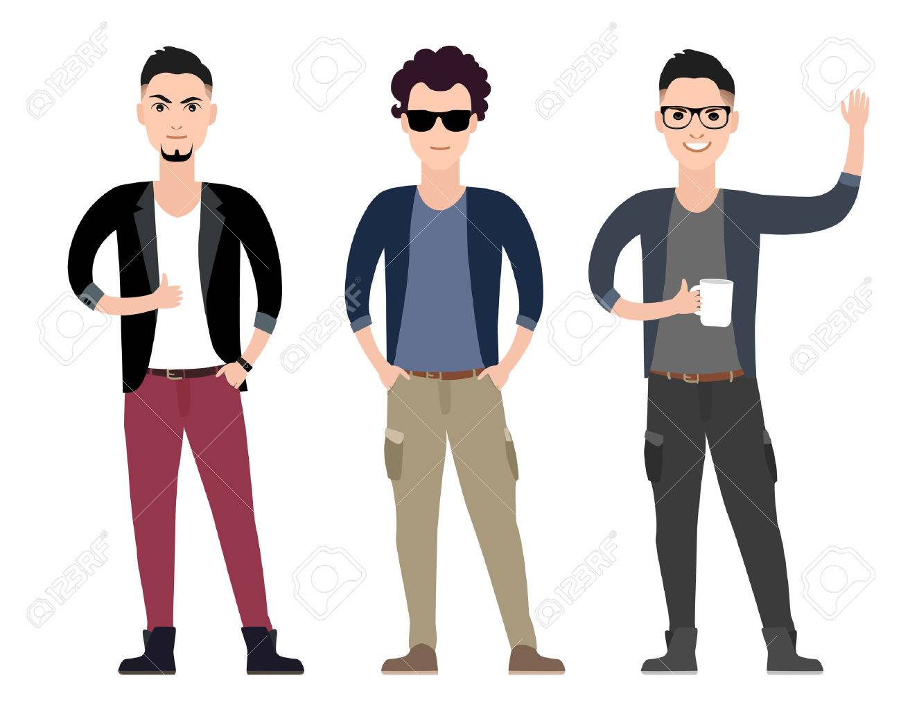 casual young men character flat set in different poses vector