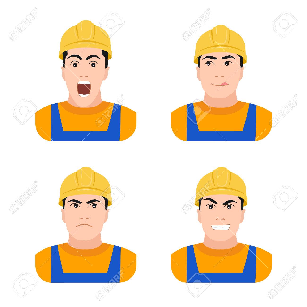 Builder worker at construction different emotions flat vector illustration on a white background, surprise, joy, anger, fear - 41262060 Builder worker at construction different emotions flat vector illustration on a white background, surprise, joy, anger, fear - 41262060