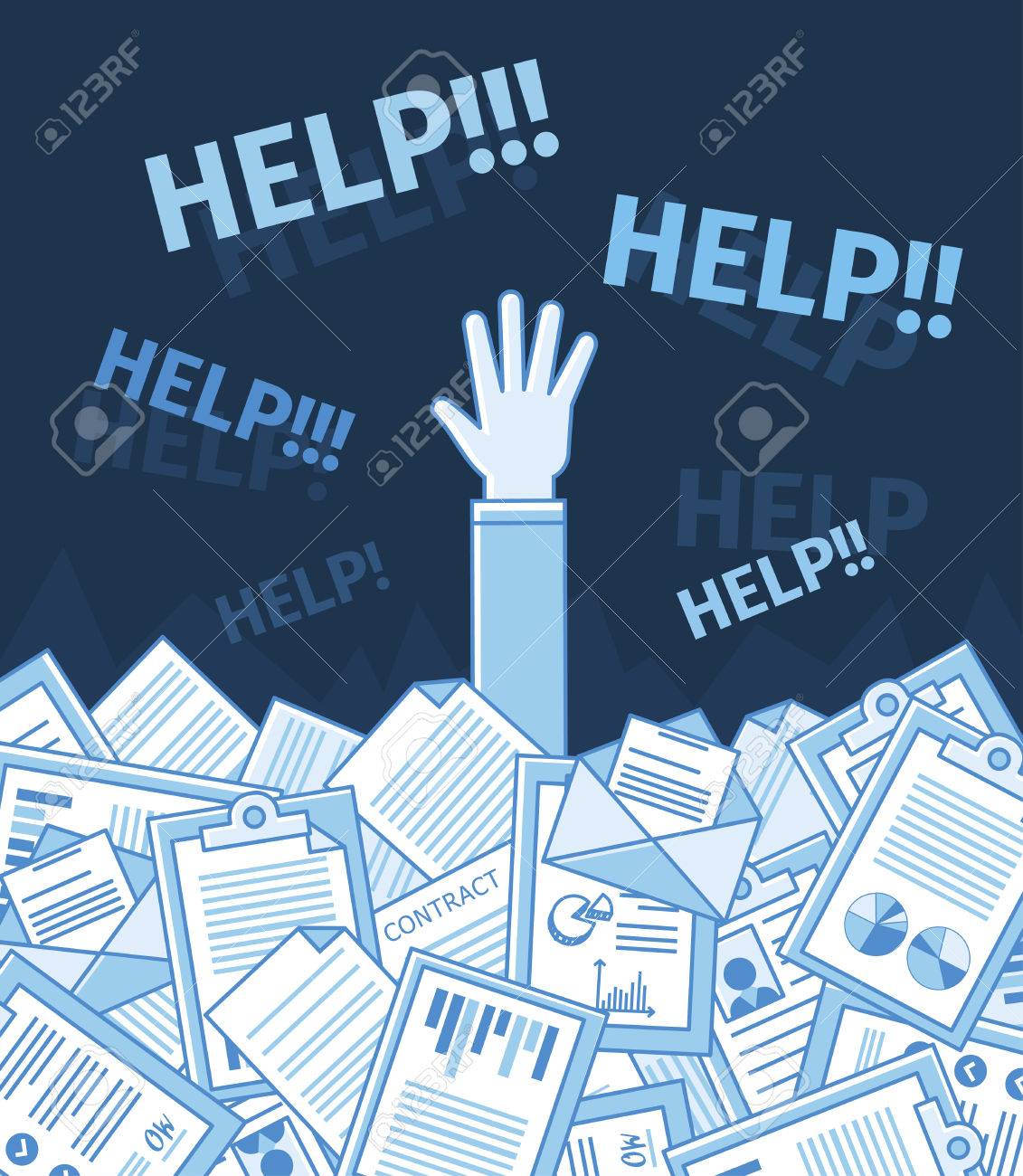Businessman or student under a lot of document and call for help with his hand raised. Linear flat vector illustration. Education. Blue color - 42137150 Businessman or student under a lot of document and call for help with his hand raised. Linear flat vector illustration. Education. Blue color - 42137150