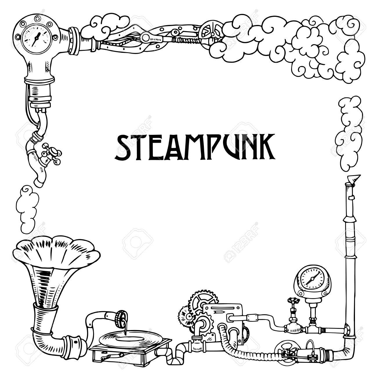 Steampunk frame with industrial machines gears chains, gramophone and technical elements, illustration - 55077358 Steampunk frame with industrial machines gears chains, gramophone and technical elements, illustration - 55077358