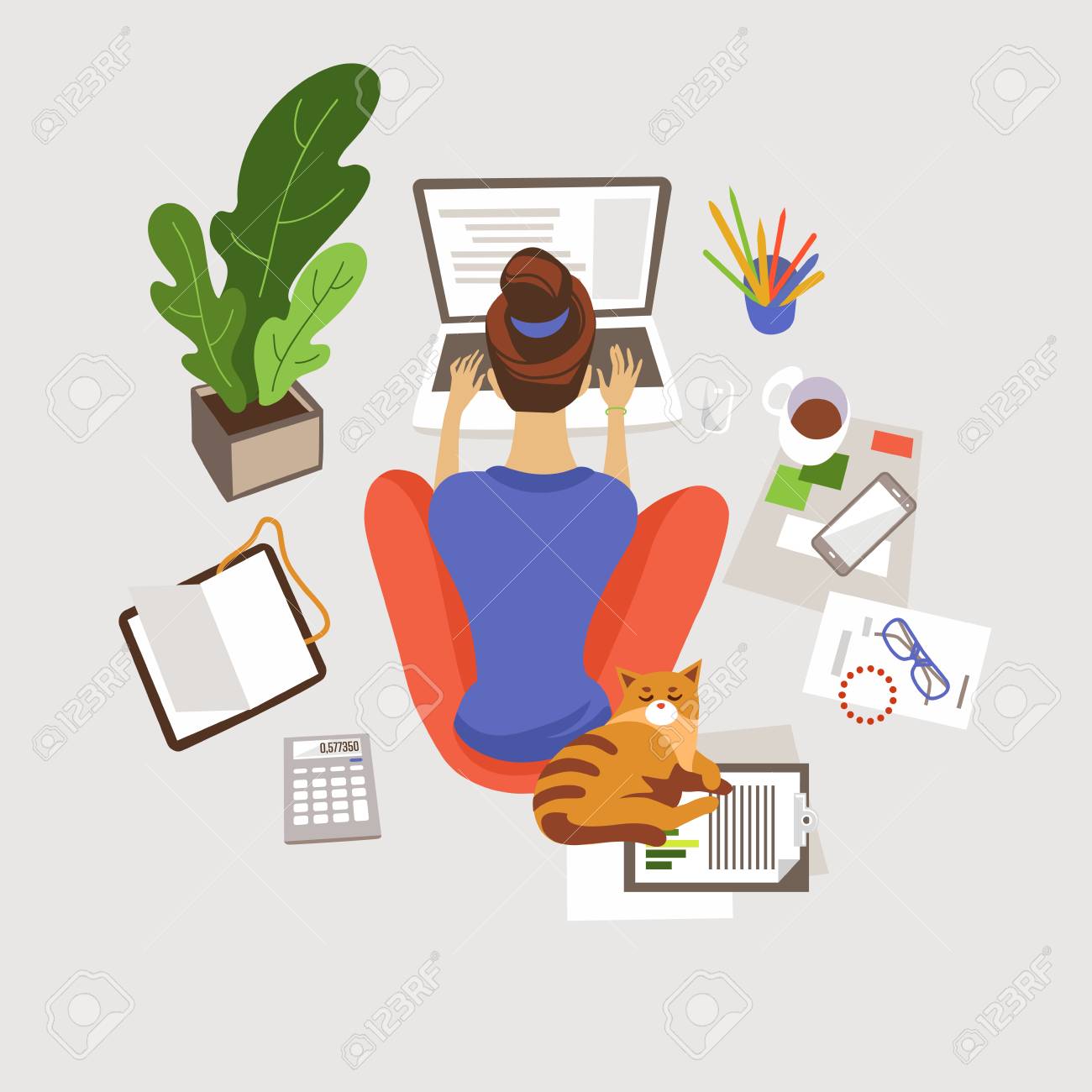 Young woman working, studying at home flat vector illustration. Remote, freelance job. E-learning. Girl sitting on floor and using laptop. Home workspace. Freelancer with cat cartoon character - 126319502 Young woman working, studying at home flat vector illustration. Remote, freelance job. E-learning. Girl sitting on floor and using laptop. Home workspace. Freelancer with cat cartoon character - 126319502