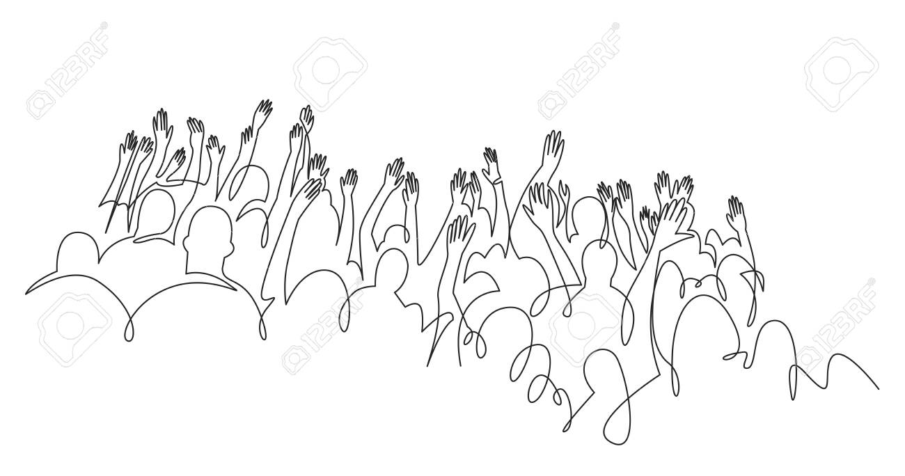 Cheerful crowd cheering illustration. Hands up. Group of applause people continuous one line vector drawing. Audience silhouette hand drawn characters. Women and men standing at concert, meeting. - 128358019 Cheerful crowd cheering illustration. Hands up. Group of applause people continuous one line vector drawing. Audience silhouette hand drawn characters. Women and men standing at concert, meeting. - 128358019
