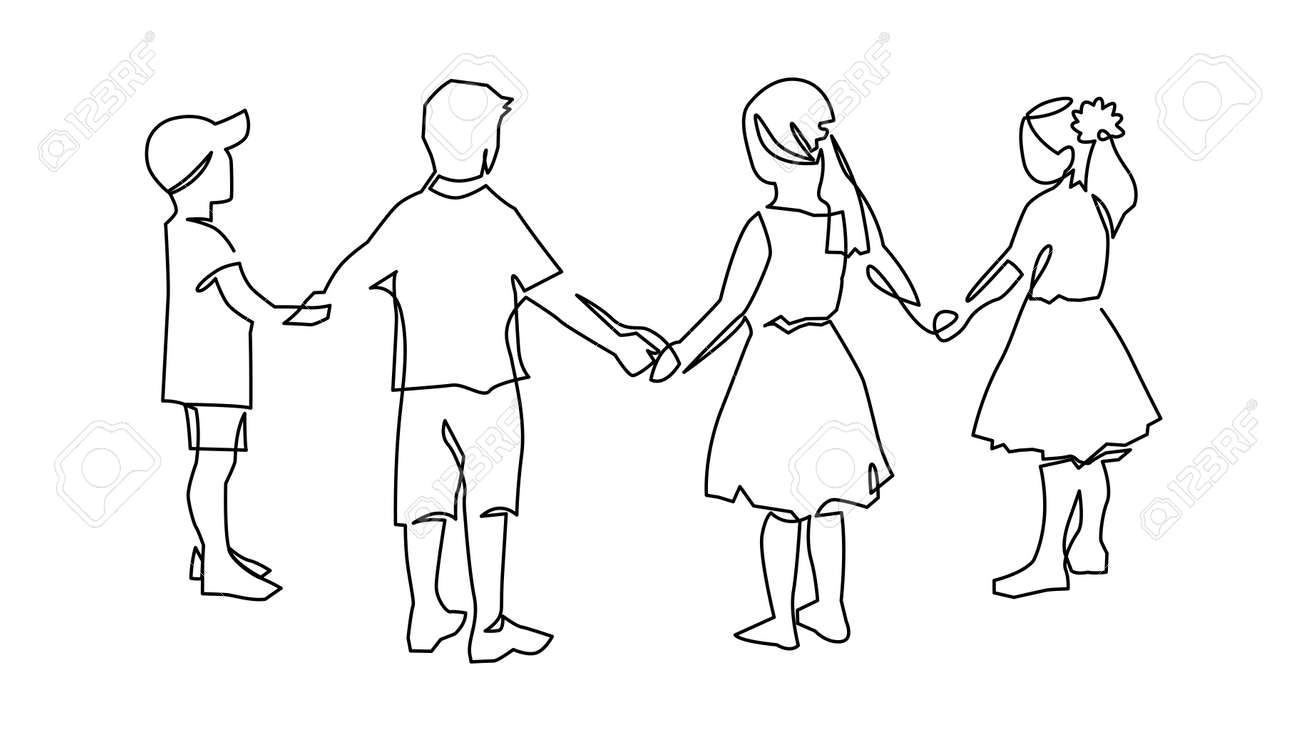 Group of young children holding hands continuous one line drawing. Kindergarten friendships concept. Happy cute kids in unity. - 158399676 Group of young children holding hands continuous one line drawing. Kindergarten friendships concept. Happy cute kids in unity. - 158399676