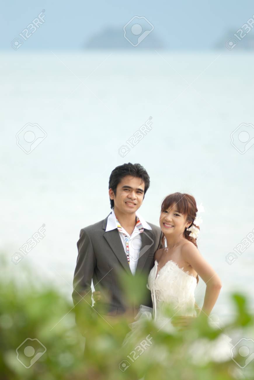 Asian Couple With Pre Wedding Scene Out Door Background Stock Photo