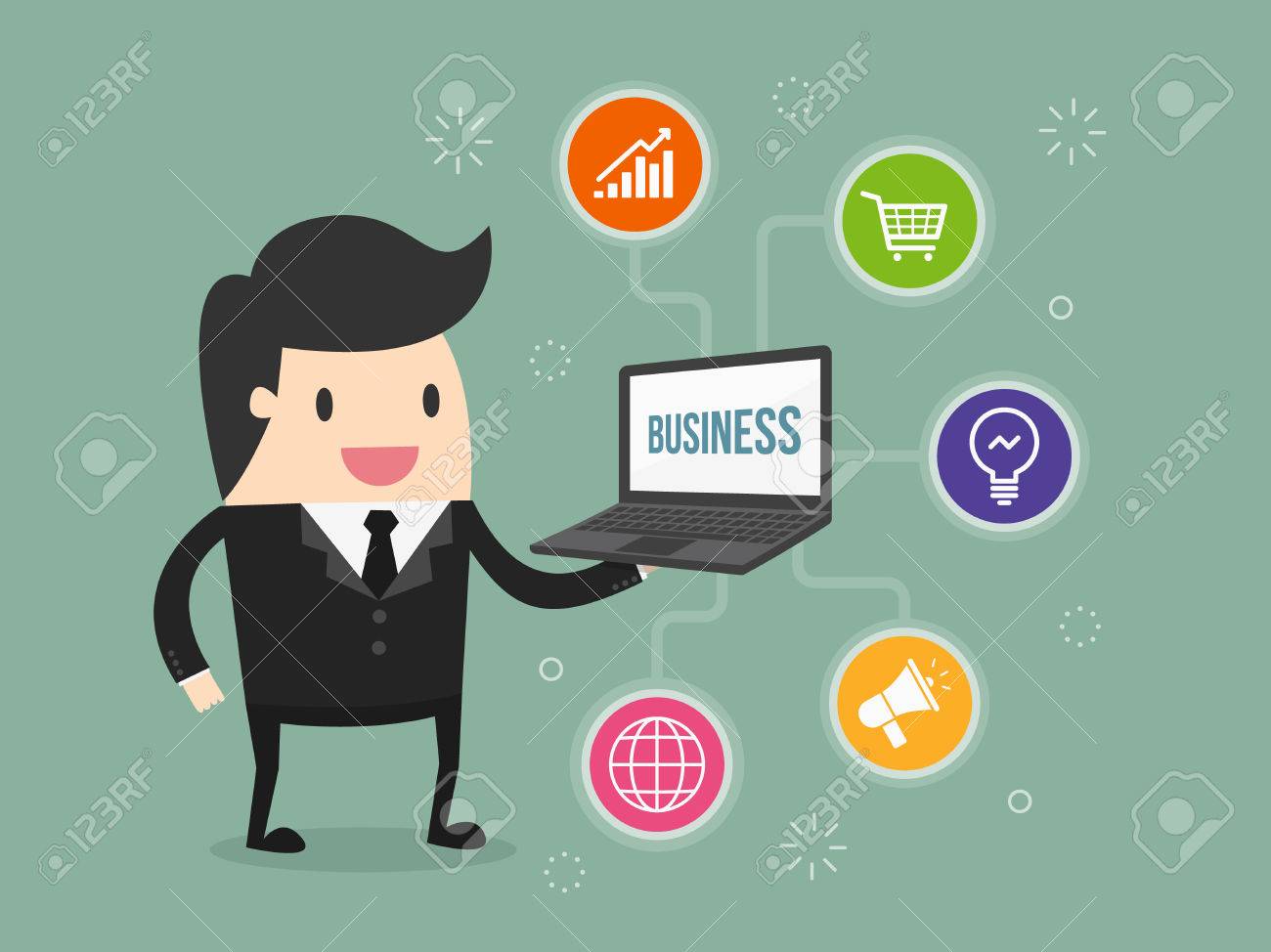 businessman holding laptop with business icon - 54429132 businessman holding laptop with business icon - 54429132