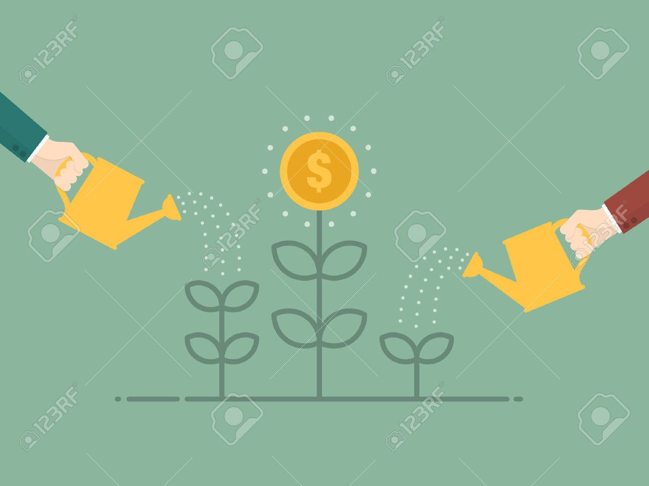 お金の成長 フラットなデザイン イラスト ビジネス人散水金のなる木 のイラスト素材 ベクタ Image