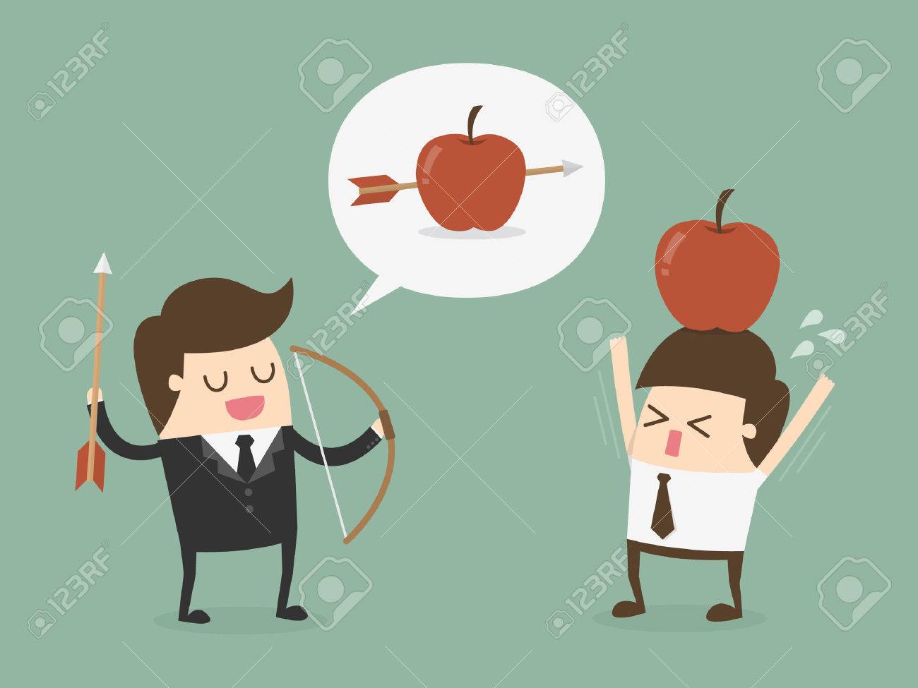Business target concept. Businessman shooting an apple on top of colleague - 54429699 Business target concept. Businessman shooting an apple on top of colleague - 54429699