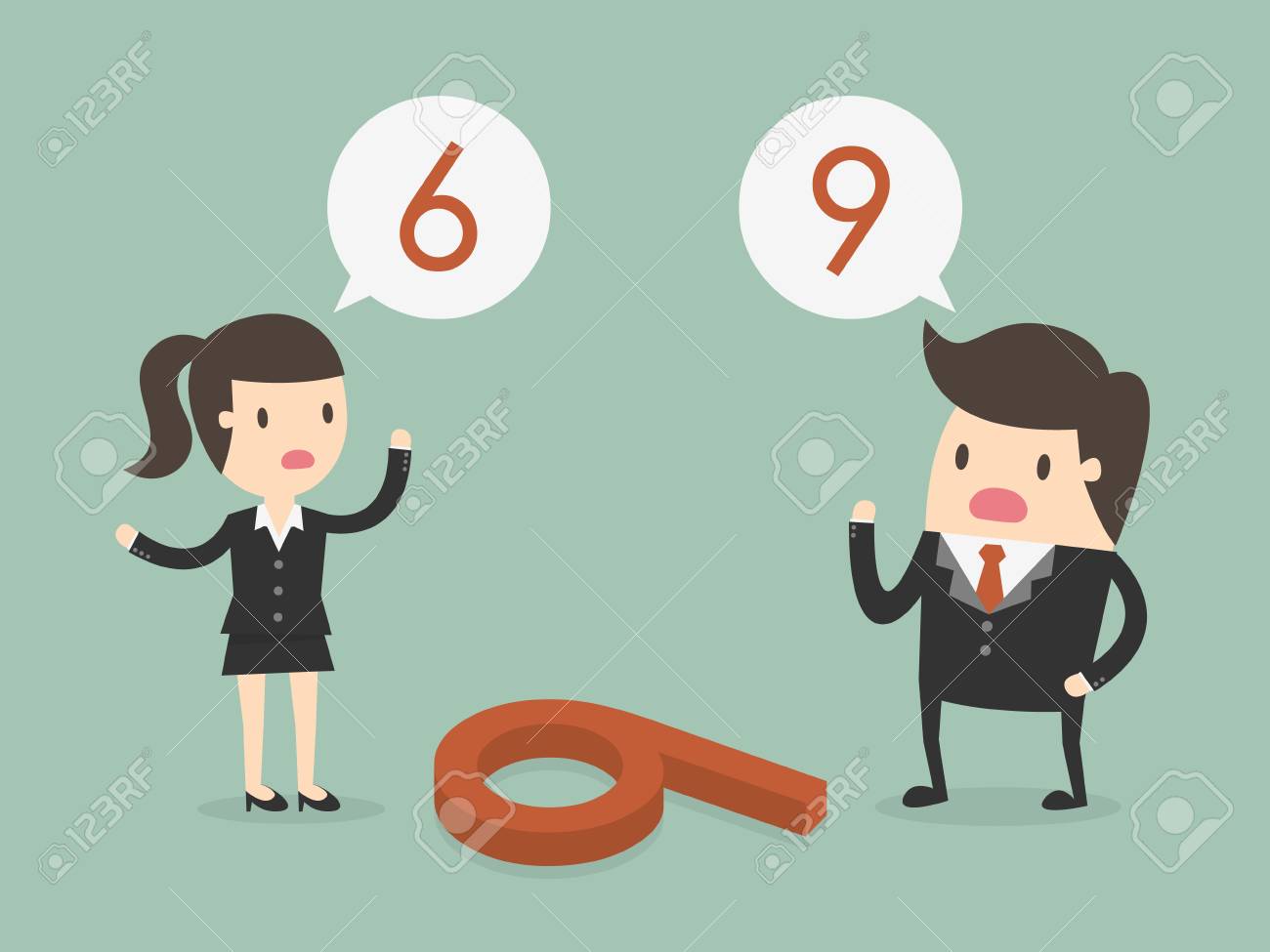 Businessman and woman thinking differently of the number on the floor if 6 or 9 - 96723943 Businessman and woman thinking differently of the number on the floor if 6 or 9 - 96723943