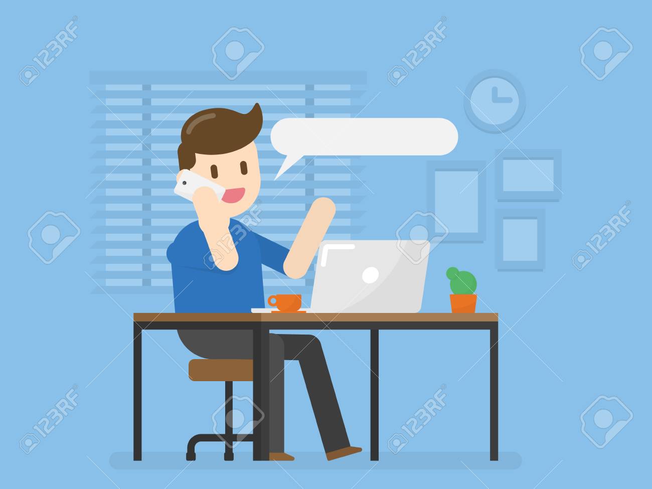 Young Man In Home Office Talking On Phone. Vector Illustration Concept Of People Lifestyle. - 118382431 Young Man In Home Office Talking On Phone. Vector Illustration Concept Of People Lifestyle. - 118382431