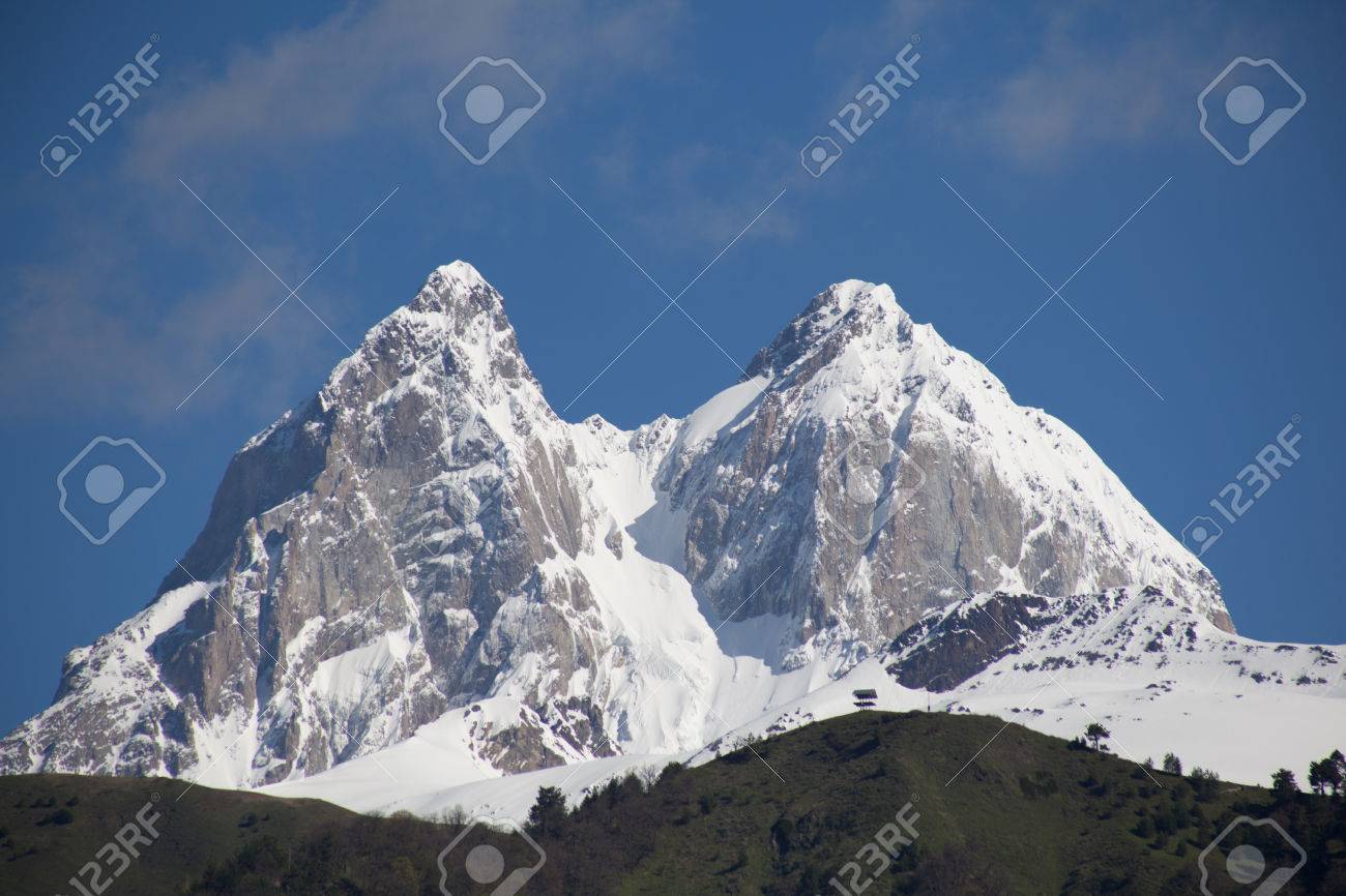 Peak Of Mount Ushba In Caucasus Mountains, Svanetia Region In Georgia, 4700  M. Stock Photo, Picture and Royalty Free Image. Image 80679583., image size:1300x866