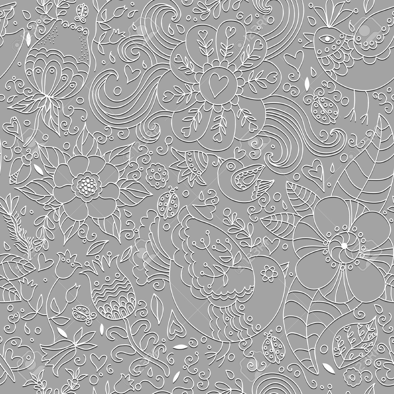 花と鳥の図面のテクスチャで灰色のシームレス花柄背景 灰色のテキスタイルや壁紙の背景 ベクトル図のイラスト素材 ベクタ Image