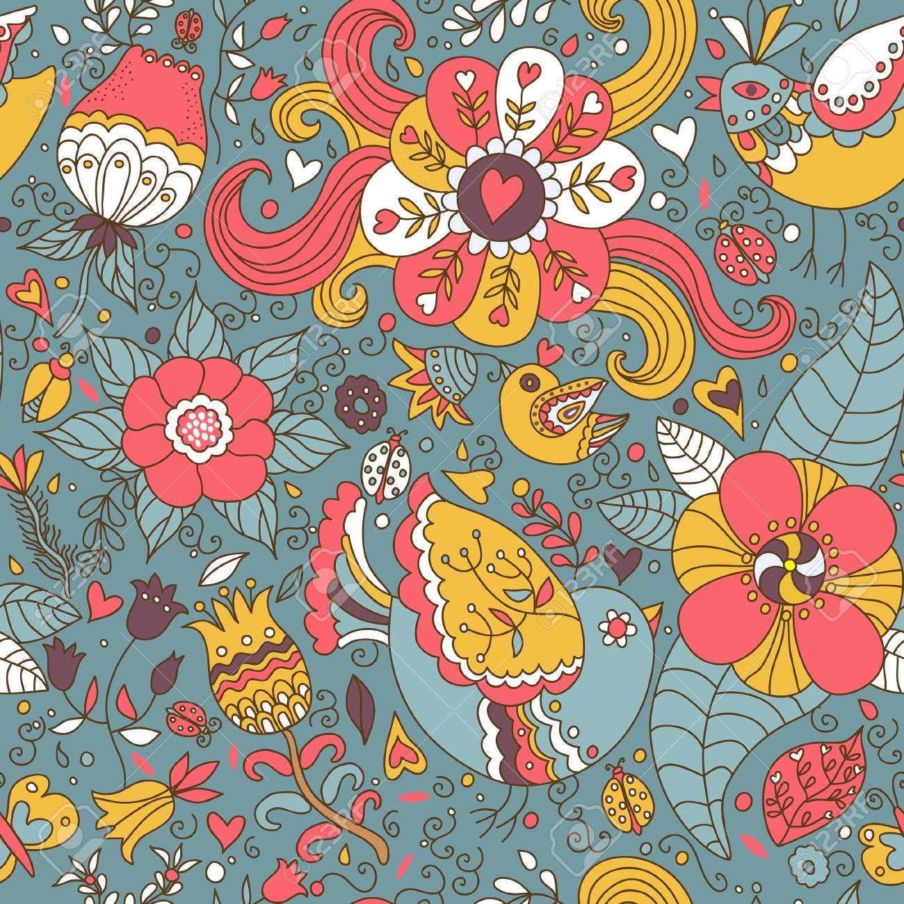 Decorative Seamless Pattern Rétro Fond Avec Le Dessin De Contour Des Fleurs Et Des Oiseaux Textile Et Fond Décran Vector Illustration
