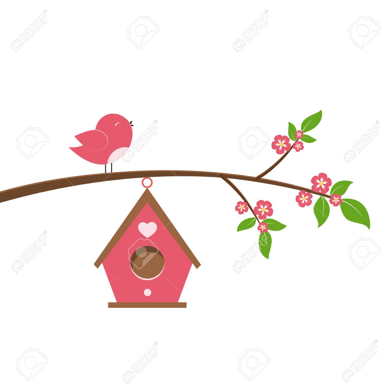 Cute Cartoon Bird On Branch. Spring Scene With Flowers, Trees And A  Birdhouse. Vector Illustration On White Background. Royalty Free SVG,  Cliparts, Vectors, and Stock Illustration. Image 97052703., image size:1300x1300