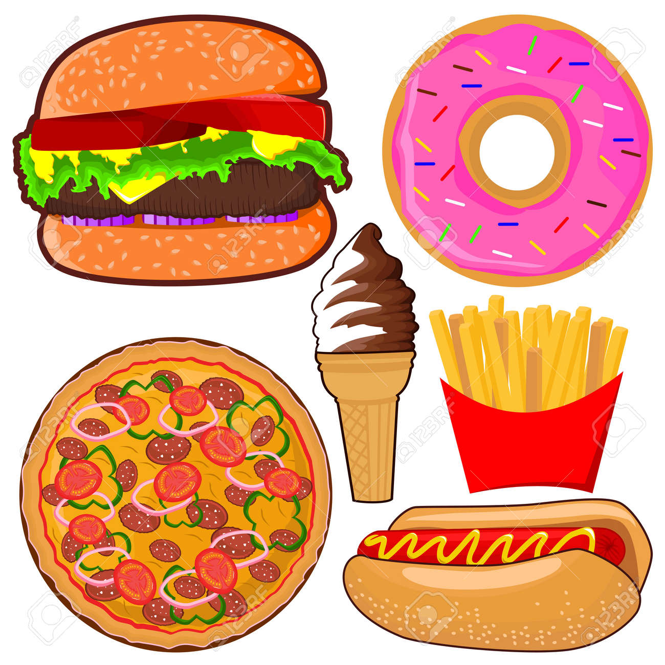 Collection Of Delicious Colorful Fast Food Illustration Vector Royalty Free  SVG, Cliparts, Vectors, and Stock Illustration. Image 166182015., image size:1300x1300