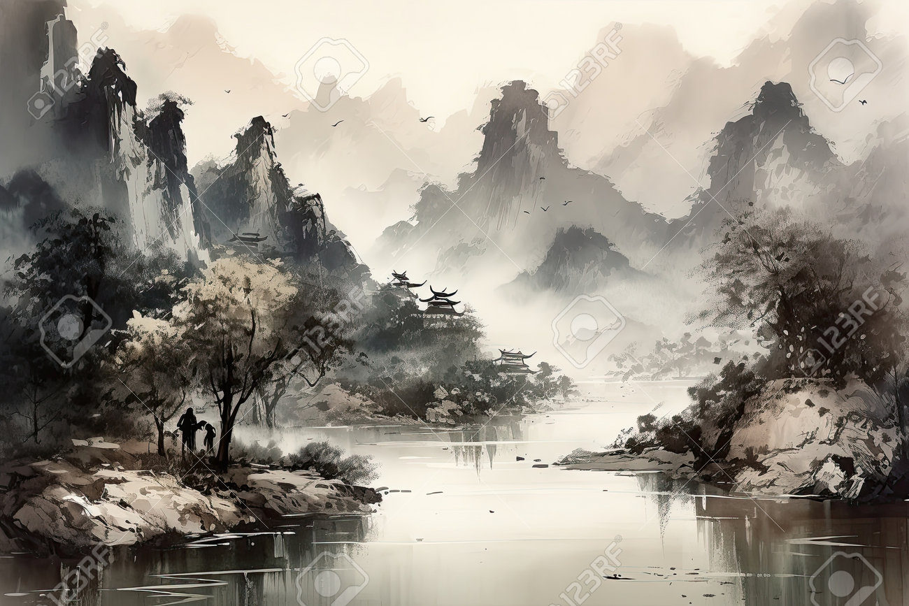 山と川を描いた、水墨洗いで作られた伝統的な中国風の風景画