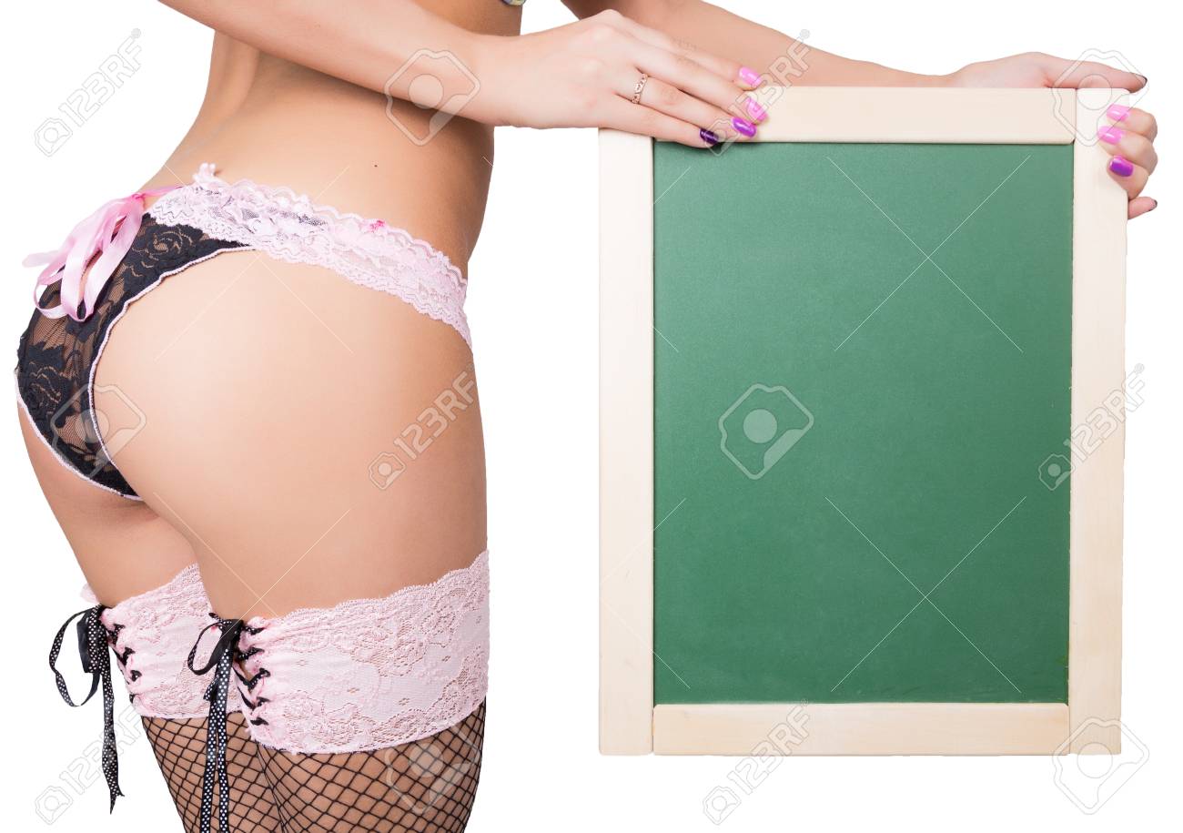 Chica Desnuda En Ropa Interior De Encaje Está Sosteniendo Una Pizarra. Fotos, Retratos, Imágenes Y De Archivo Derecho. Image