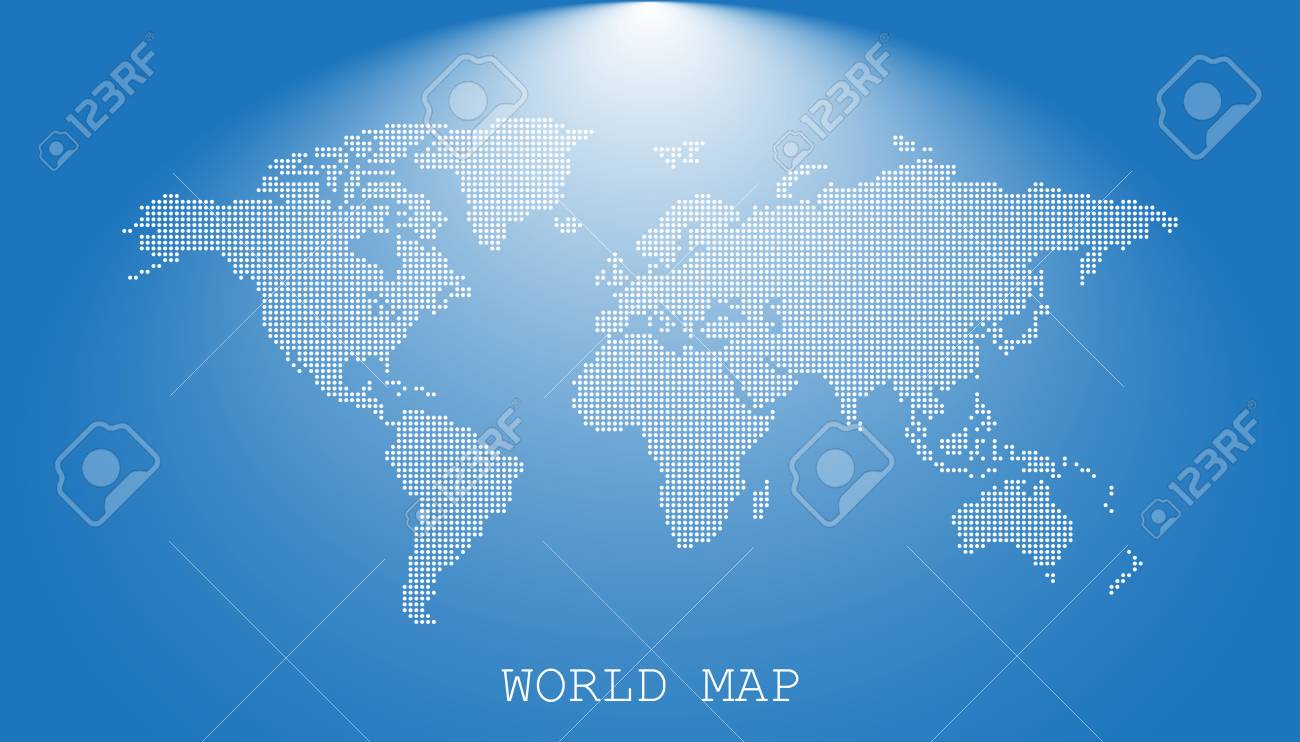 dotted blank white world map isolated on blue background world map vector template for website