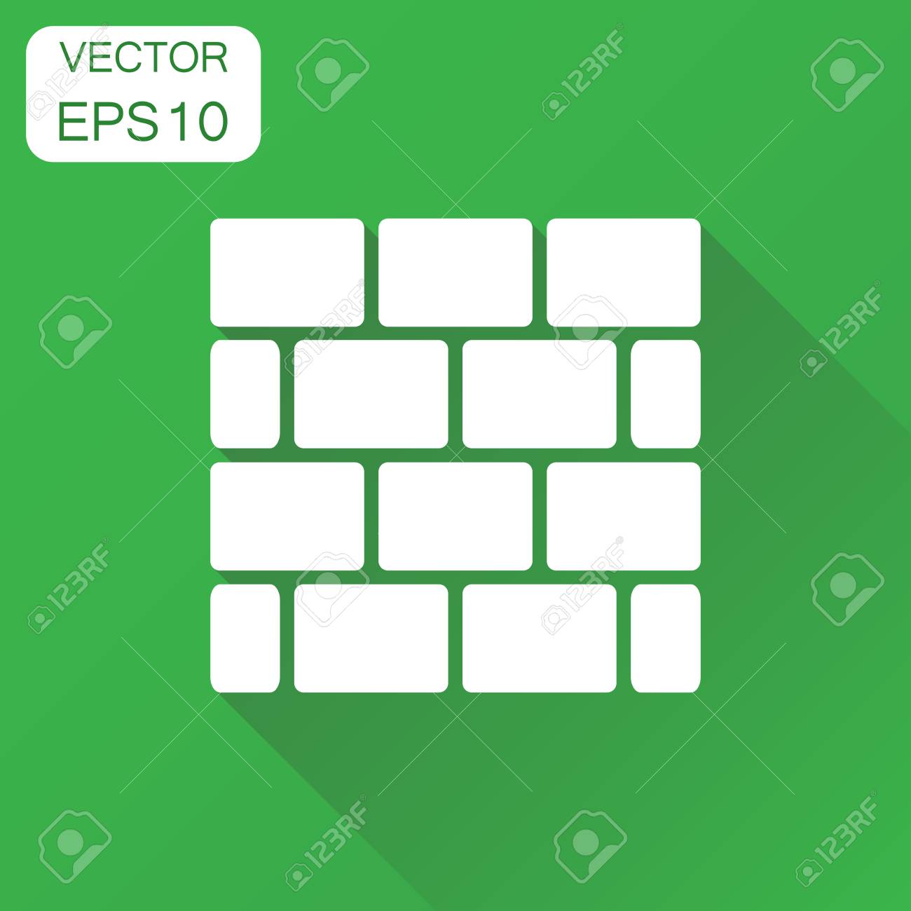 壁の煉瓦のアイコン ビジネスコンセプトウォールピクトグラム 長い影を持つ緑の背景にベクトルイラスト のイラスト素材 ベクタ Image