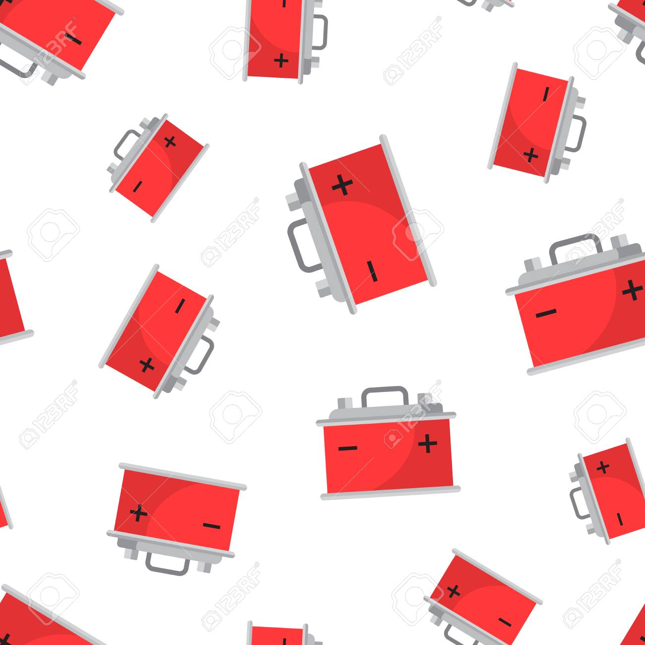車のバッテリーアキュムレータシームレスなパターンの背景 ビジネスフラットベクトルイラスト 自動アキュムレータバッテリエネルギーパワーシンボルパターン の イラスト素材 ベクタ Image
