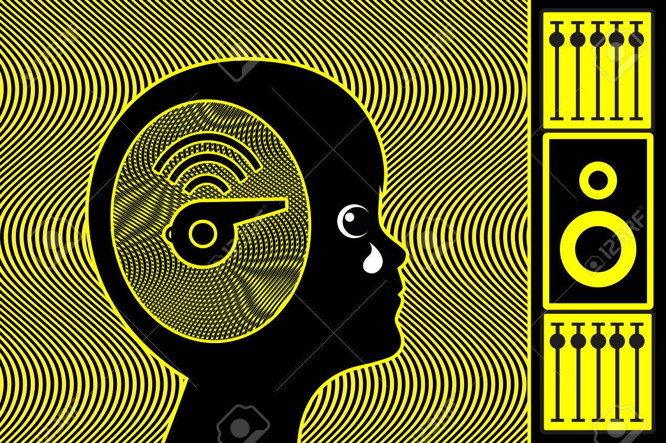 Человек с закрытыми ушами. Звуковая волна. Шум и человек. Очень громко. Громкий звук в голове.