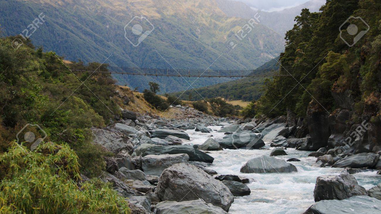 wire bridge over matukituki river by turn off to rob roy glacier