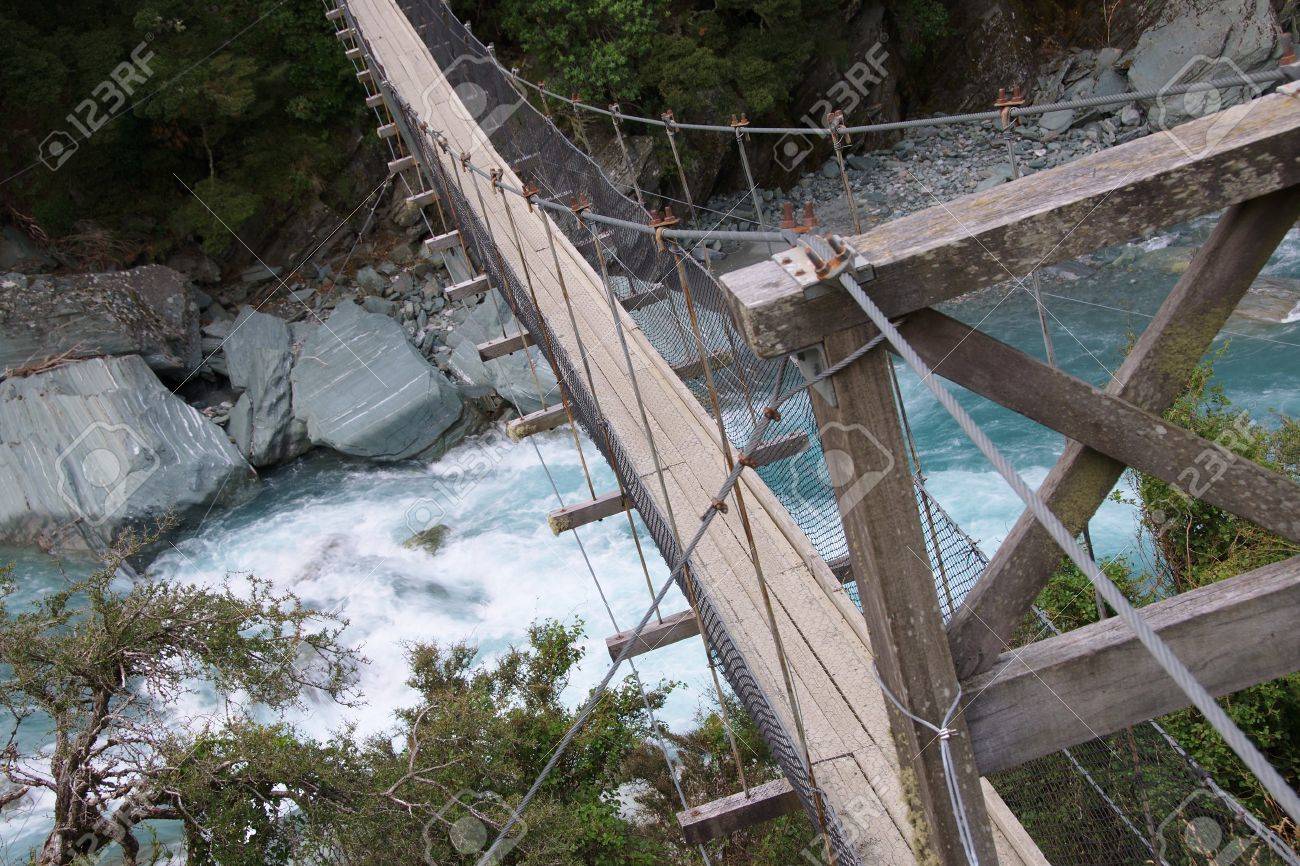 detail of wire bridge over matukituki river rapids by rob roy