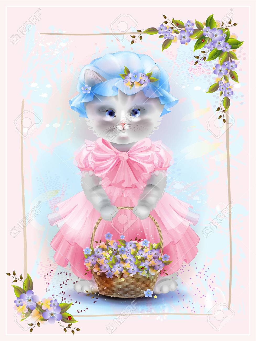 Cat Full Of Vintage Portrait Basket With VioletsBirthday The 8wOkXN0nP