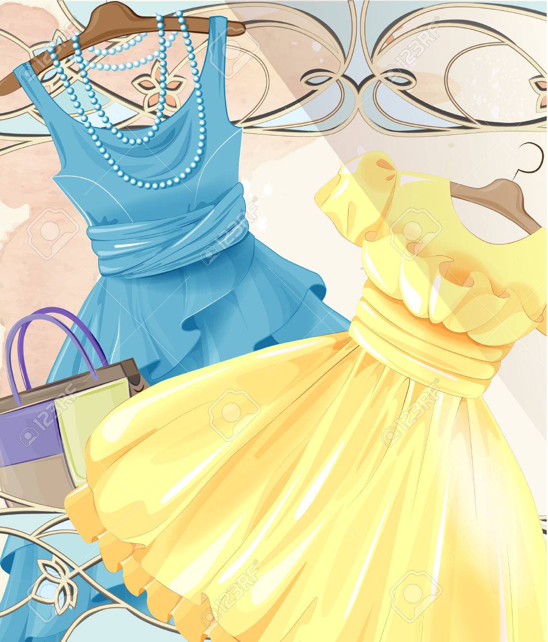 女性のお祭りのハンガー ハンドバッグをドレスします 夏のパーティー ビンテージ スタイルのラベルのデザイン ファッション ブティック 季節限定販売 婦人 服 レディース ウエアとアクセサリー 女性の服 レトロなピンナップかわいい女性ドレスのセットです