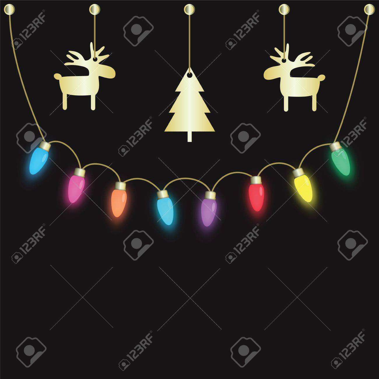 colorful party light bulbs hanging on dark background royalty free